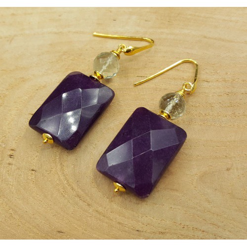 Goud vergulde oorbellen met groene Amethist en paarse Jade