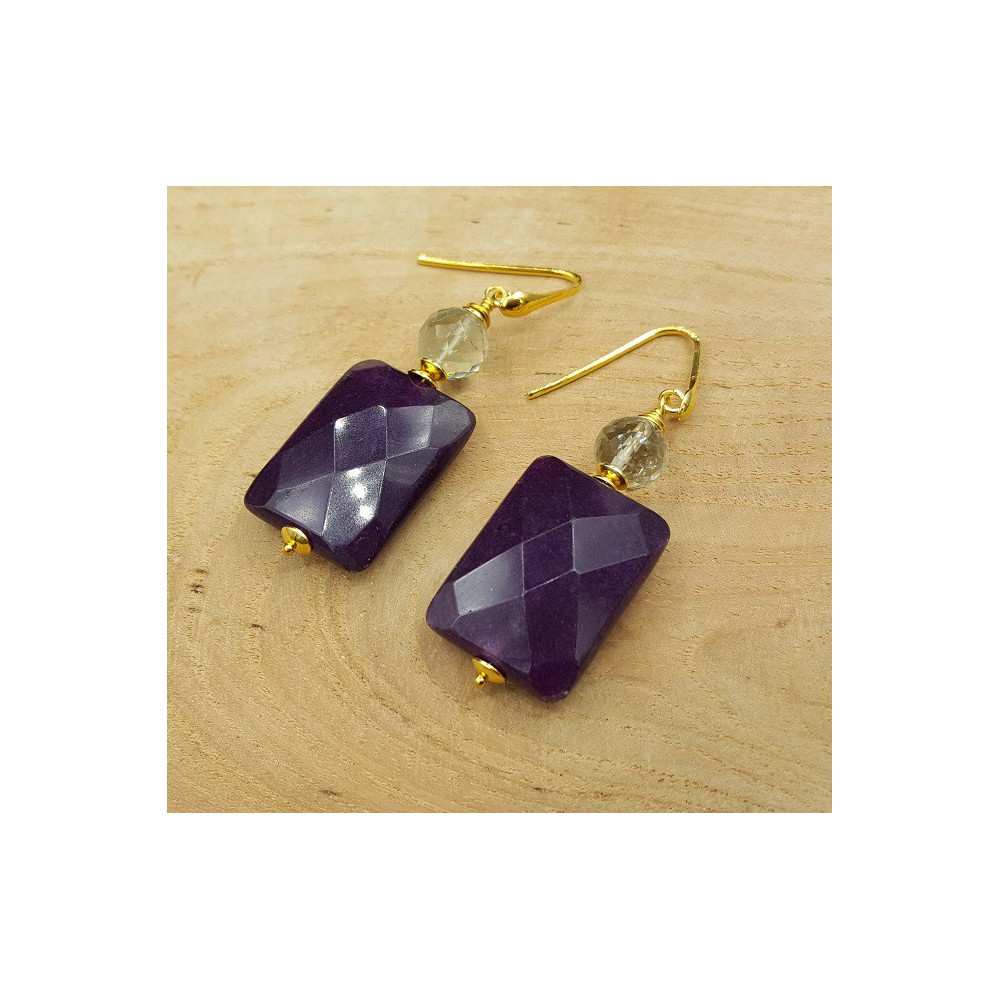 Vergoldete Ohrringe mit grünem Amethyst und lila Jade