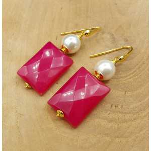 Earrings with fuchsia pink Jade and Pearl