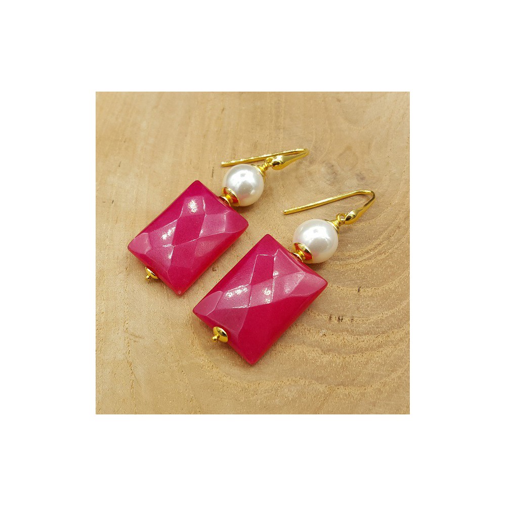 Earrings with fuchsia pink Jade and Pearl