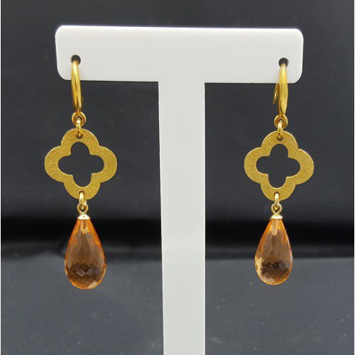 Goud vergulde oorbellen met facet Citrien quartz briolet