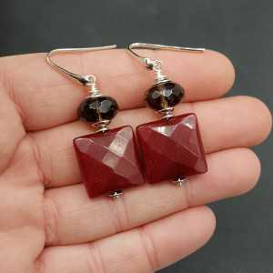 Earrings with Smokey Topaz and dark red Jade