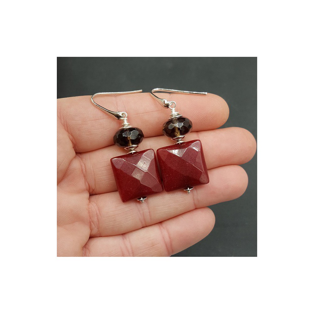 Earrings with Smokey Topaz and dark red Jade