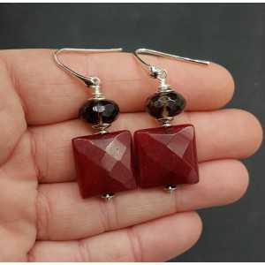 Earrings with Smokey Topaz and dark red Jade