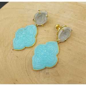 Gold plated earrings with Agate geode and cut Chalcedony