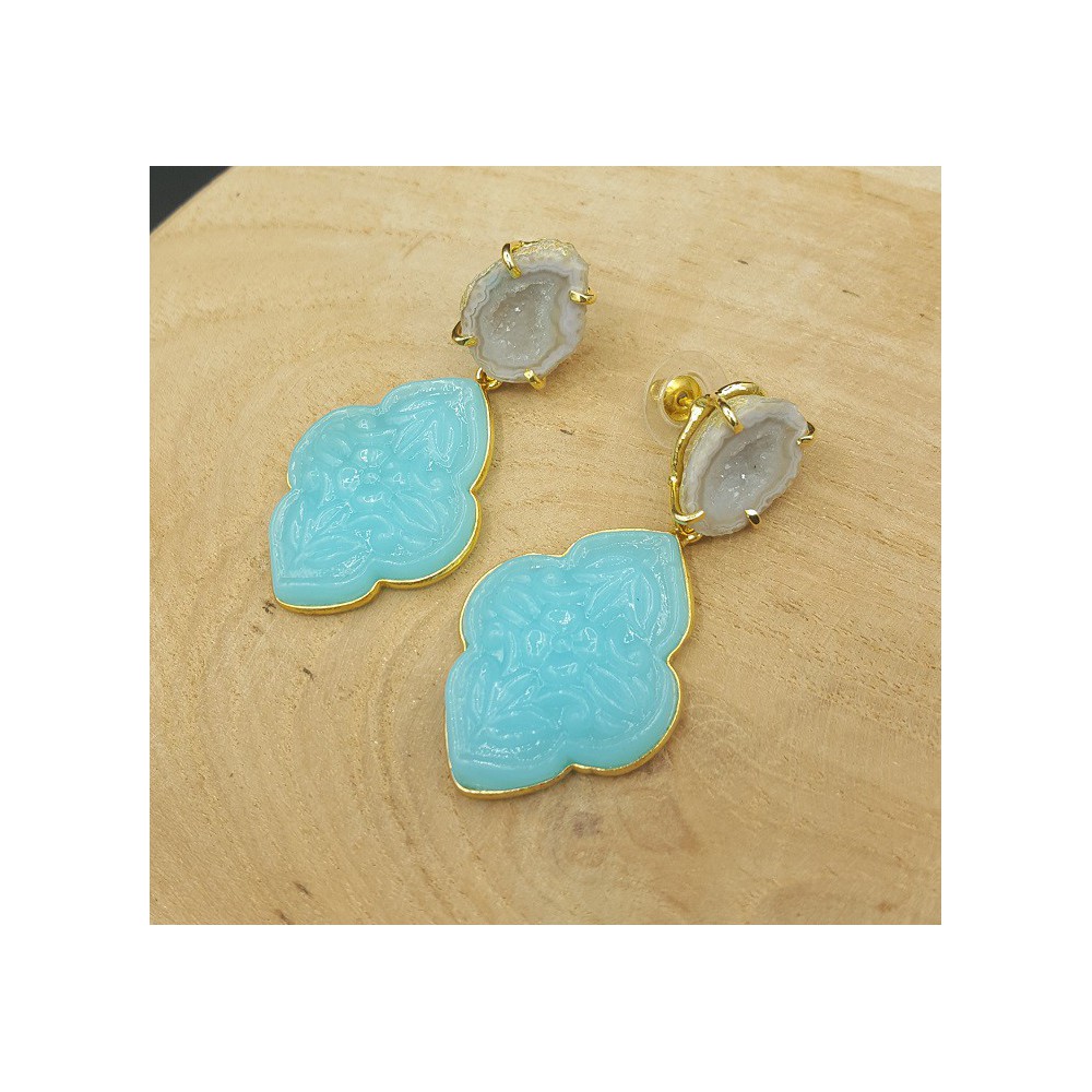 Gold plated earrings with Agate geode and cut Chalcedony