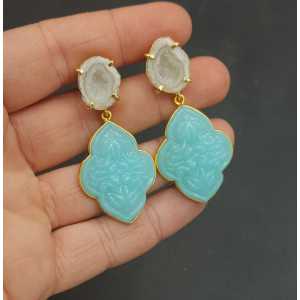 Gold plated earrings with Agate geode and cut Chalcedony