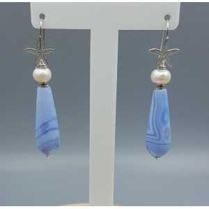 Zilveren oorbellen met blauw Lace Agaat en Parel