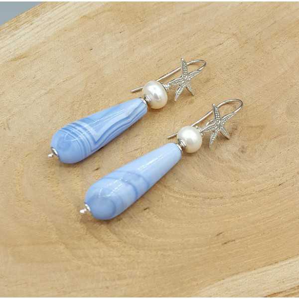 Silver earrings with blue Lace Agate and Pearl