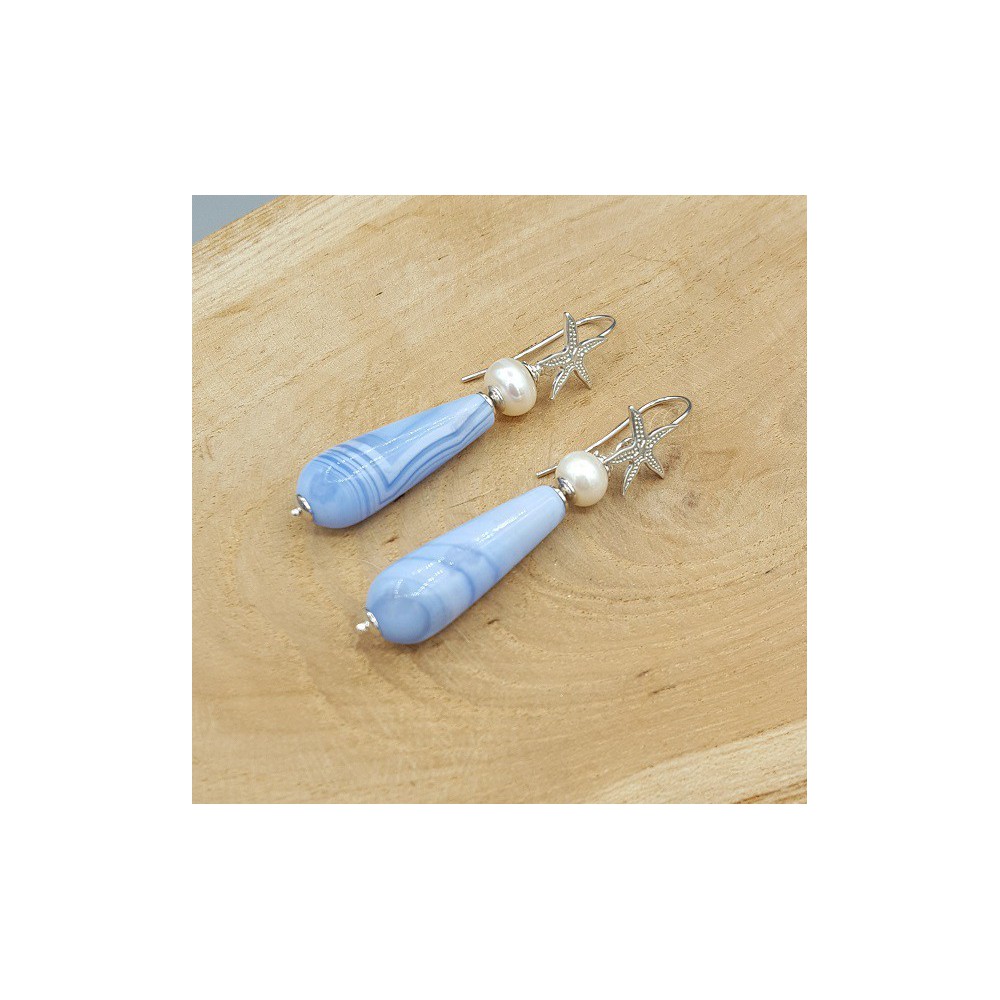 Silver earrings with blue Lace Agate and Pearl