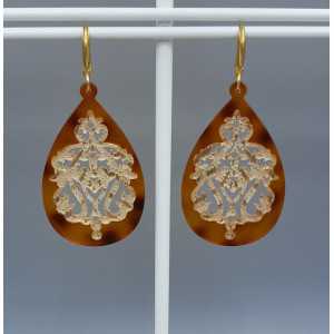 Earrings with brown golden lace resin pendant