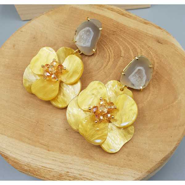 Vergoldete Ohrringe-Achat-geode und gelb Harz Blume
