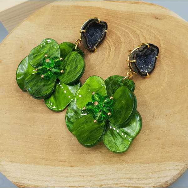 Gold plated earrings Agate geode and green resin flower