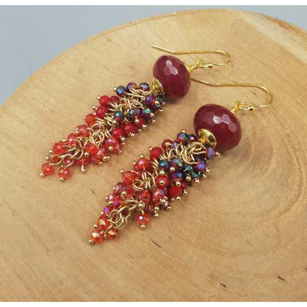Gold plated earrings with Ruby red Jade and crystals