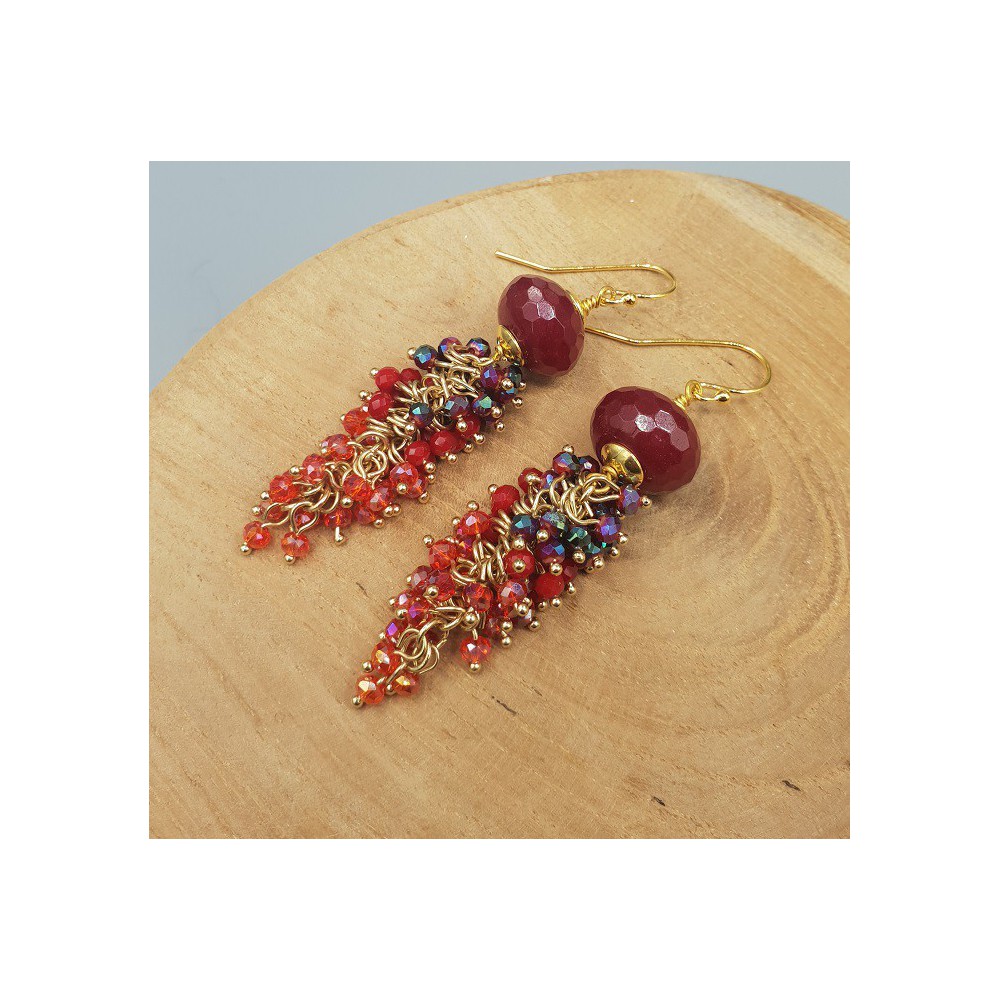 Gold plated earrings with Ruby red Jade and crystals