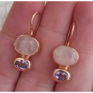 Gold plated earrings with oval Amethyst and rose quartz 