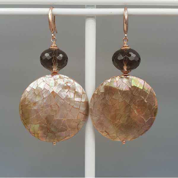 Earrings with round brown shell and Smokey Topaz