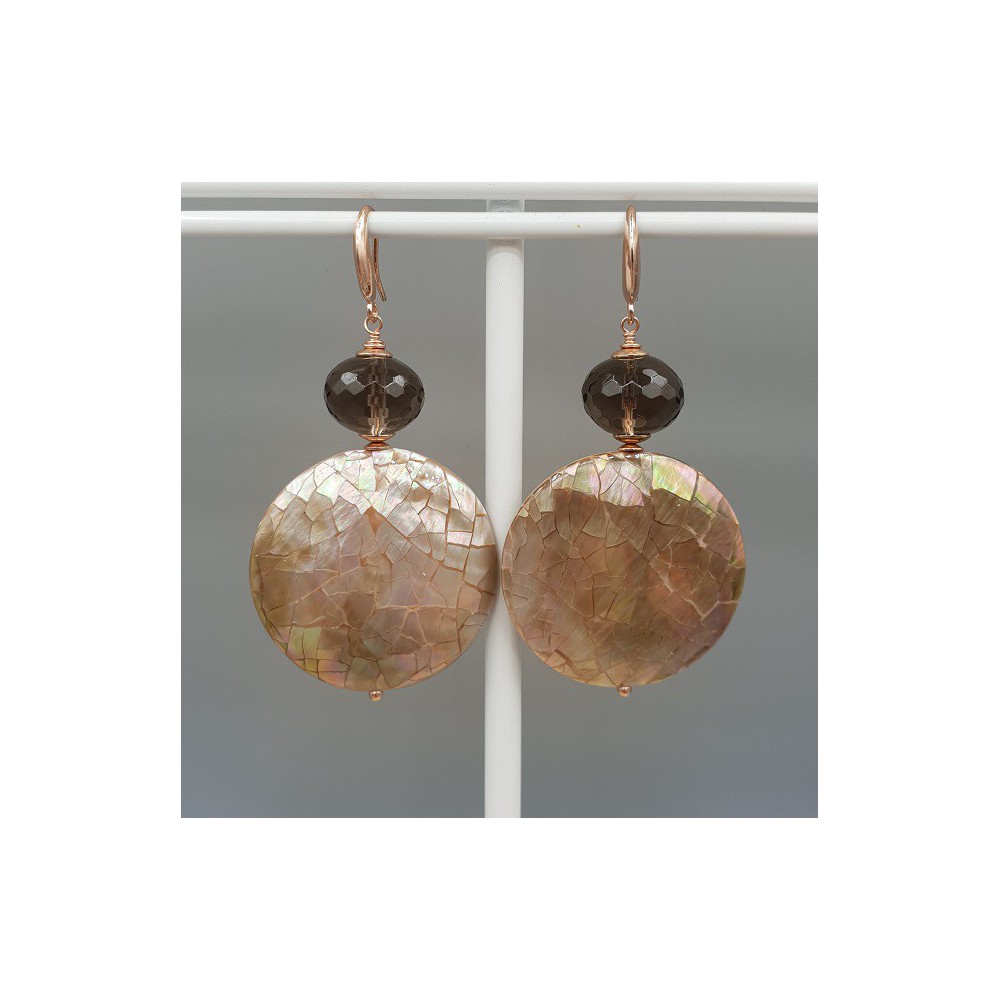 Earrings with round brown shell and Smokey Topaz