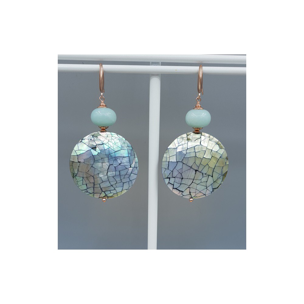 Earrings with round gray shell and Amazonite