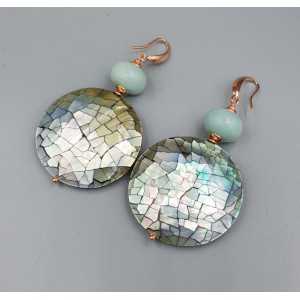 Earrings with round gray shell and Amazonite