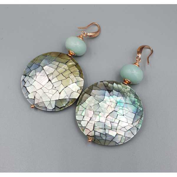 Earrings with round gray shell and Amazonite