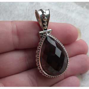 Silver pendant drop shape faceted Smokey Topaz, carved setting 
