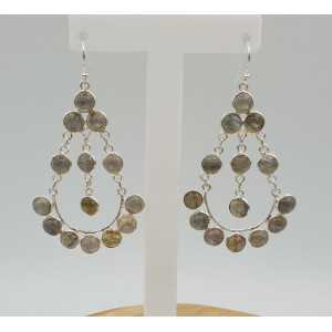 Silver long drop earrings set with round Labradorite stones