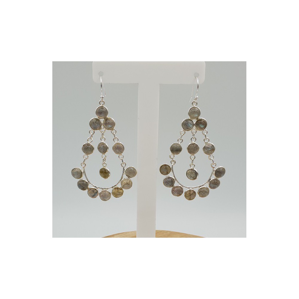 Silver long drop earrings set with round Labradorite stones