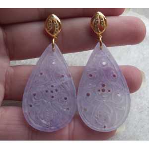 Gold plated earrings with adorned with a teardrop-cut lavender Jade