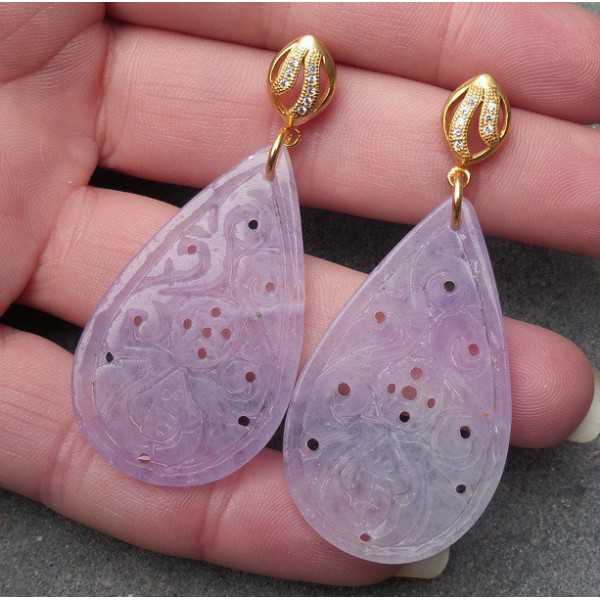 Gold plated earrings with adorned with a teardrop-cut lavender Jade