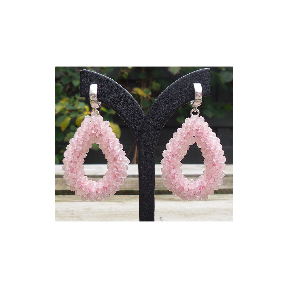 Silver earrings open drop of rose quartz