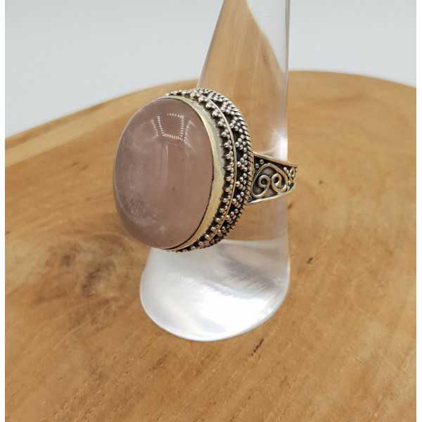 Silver ring oval rose quartz set in a carved setting 18 mm
