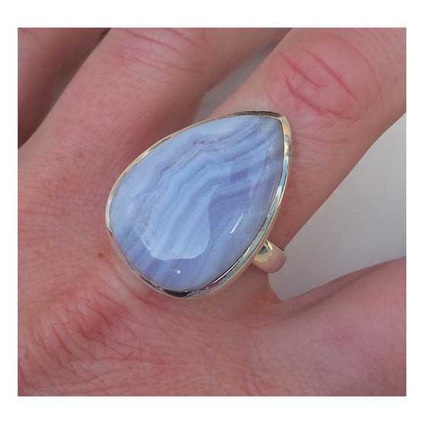 Zilveren ring gezet met blauw Lace Agaat ring maat 19.3 mm