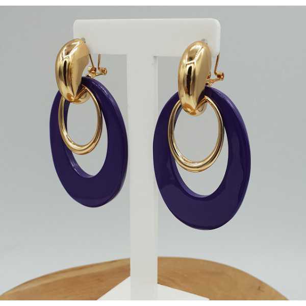 Gold creoles with purple buffalo horn pendant