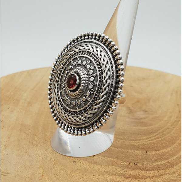 Silver ring with large round carved head set with Garnet 17.5 mm