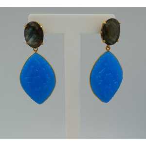 Gold plated earrings with Labradorite and carved Chalcedony
