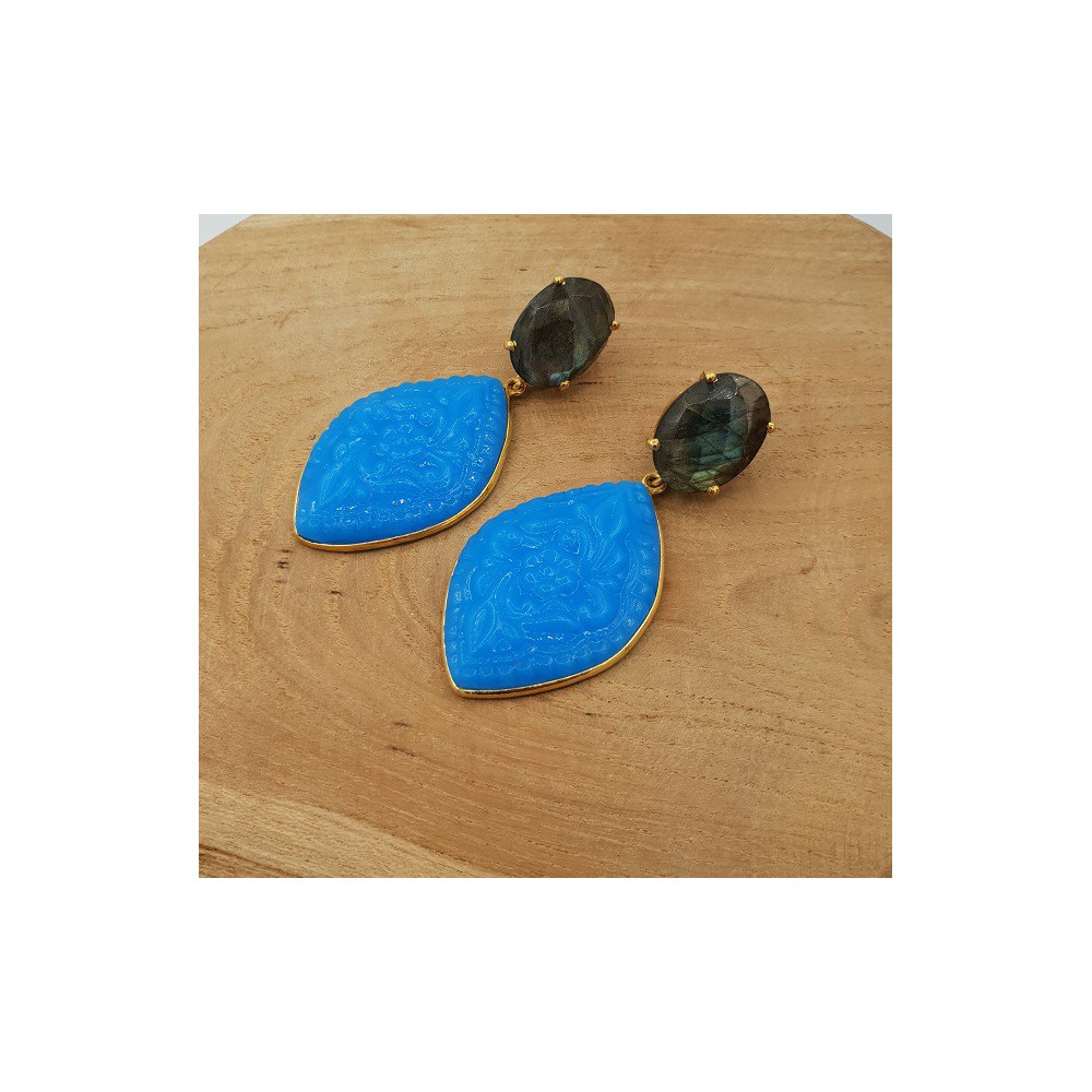 Gold plated earrings with Labradorite and carved Chalcedony