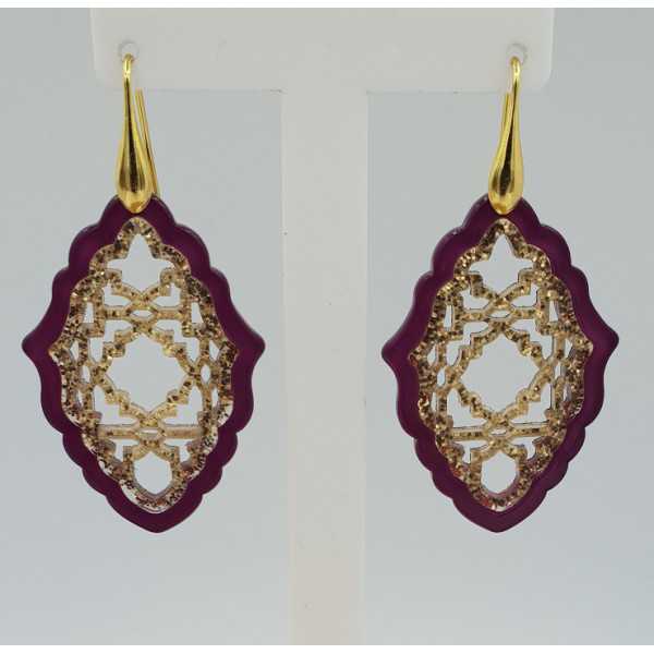 Gold plated earrings with purple with gold resin pendant