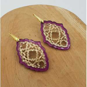 Gold plated earrings with purple with gold resin pendant