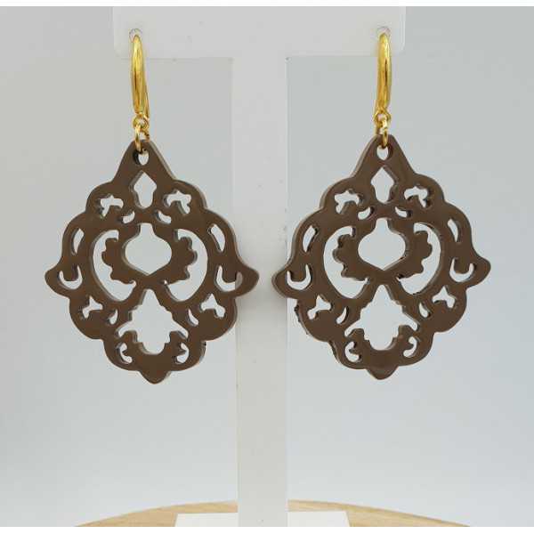 Earrings with beige brown lacquered buffalo horn
