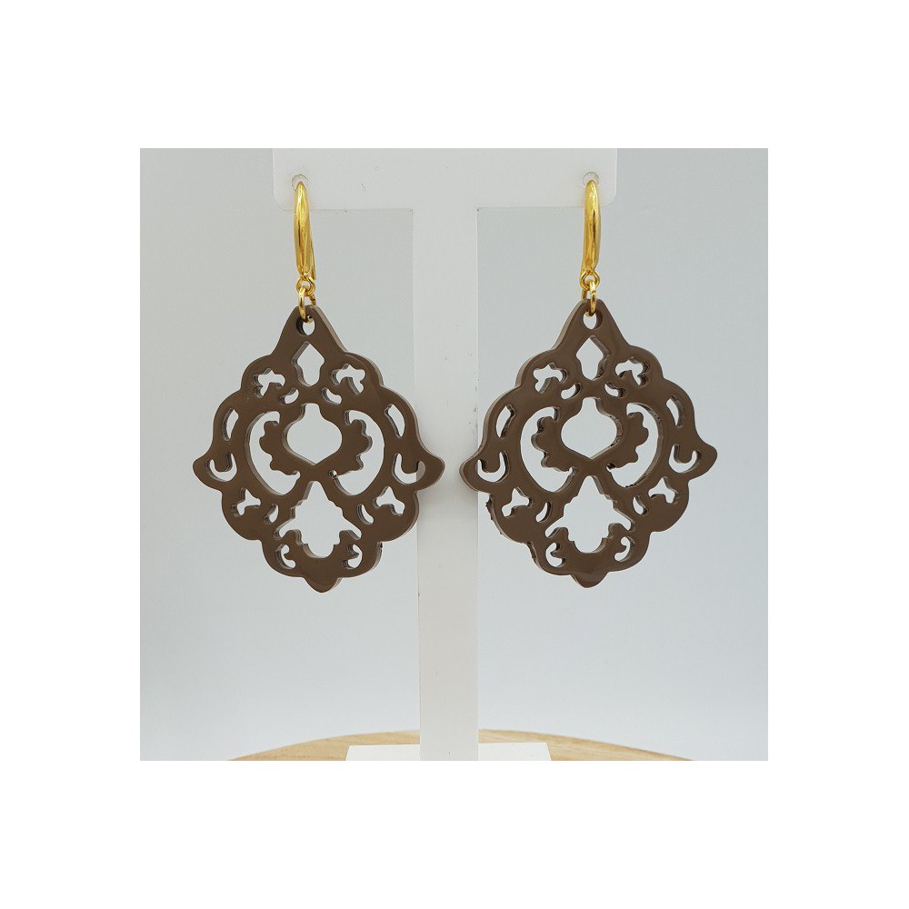 Earrings with beige brown lacquered buffalo horn