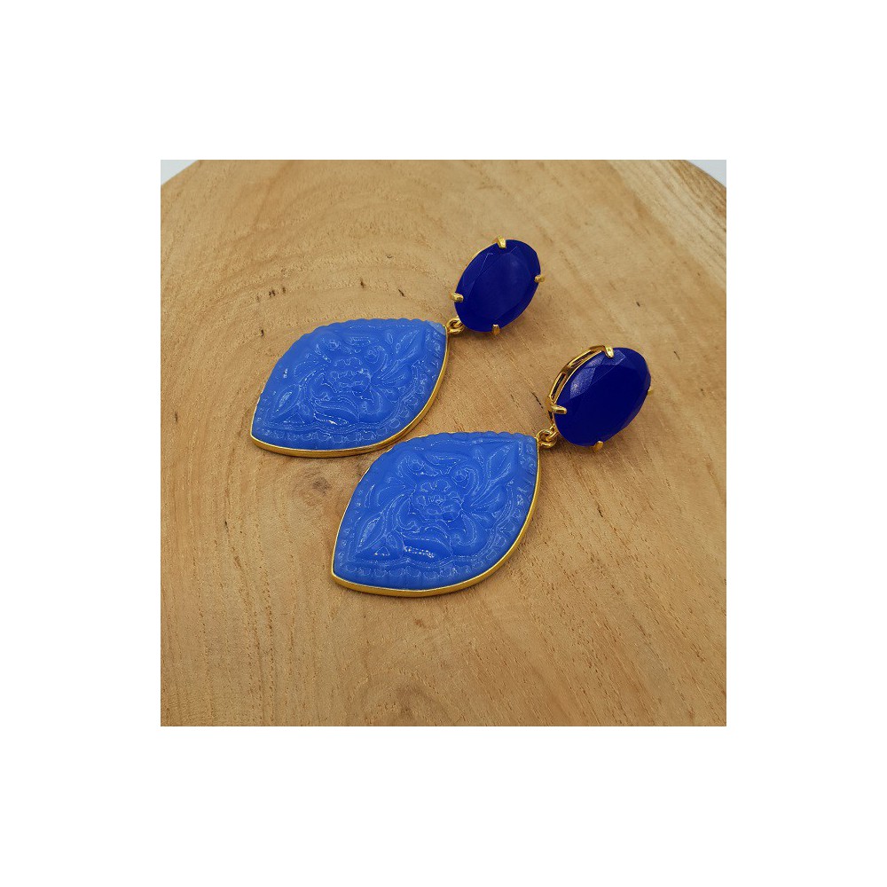 Gold plated earrings with cobalt Chalcedony and carved Chalcedony 