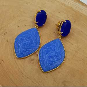 Gold plated earrings with cobalt Chalcedony and carved Chalcedony 
