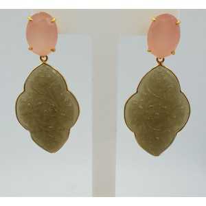 Gold plated earrings with pink Chalcedony and carved grey Chalcedony 