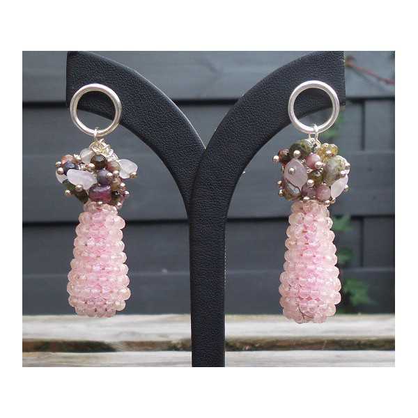 Silver earrings drop from rose quartz and Tourmaline 
