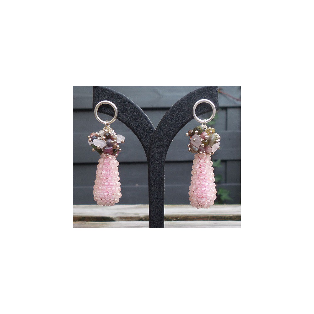 Silver earrings drop from rose quartz and Tourmaline 