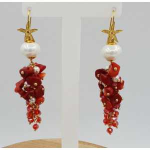 Gold plated earrings with Coral and Pearl