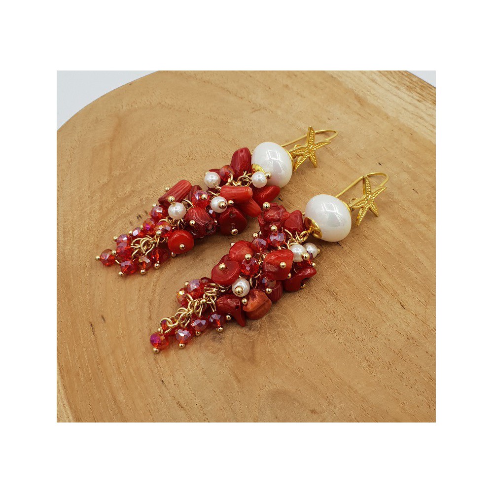 Gold plated earrings with Coral and Pearl