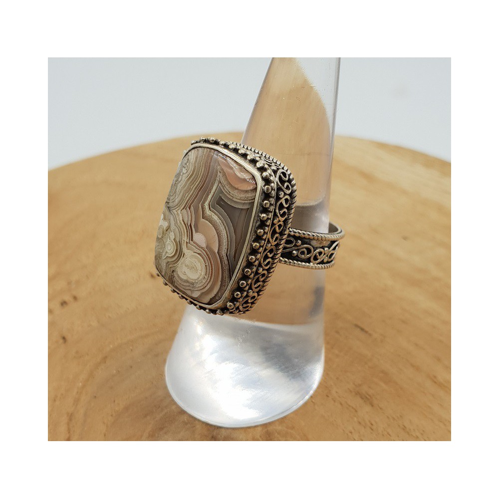 Silver ring with Laguna Lace Agate carved setting 17.5 mm