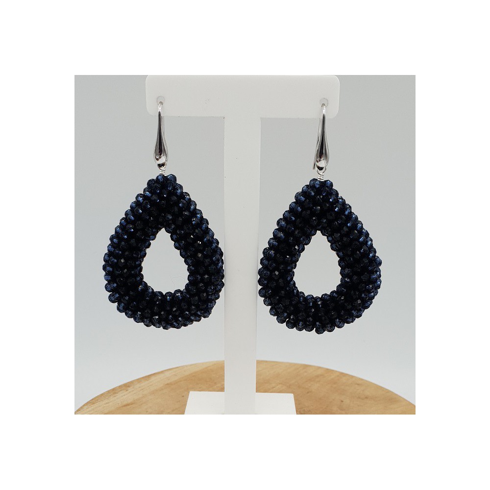 Silver earrings open drop of dark blue crystals